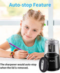 Electric Pencil Sharpener Heavy Duty With Helical Blade Auto Stop Fast Sharpening In 5 To 10 Seconds Powerful Motor Protects Pencil Cores And Even Handles Broken Pencils 8mm Pencils And Standard Pencils Compatible Ideal For School Home Office on desk with auto-stop lid removed
