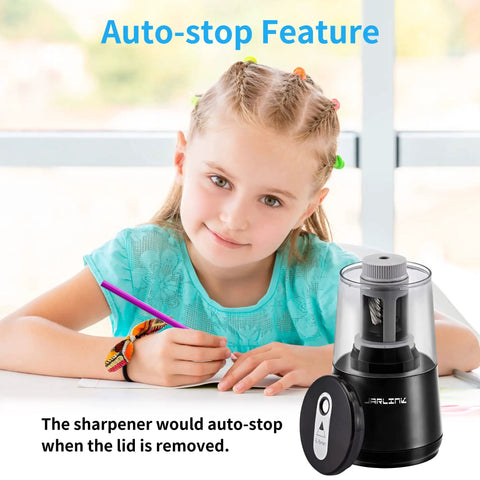 Electric Pencil Sharpener Heavy Duty With Helical Blade Auto Stop Fast Sharpening In 5 To 10 Seconds Powerful Motor Protects Pencil Cores And Even Handles Broken Pencils 8mm Pencils And Standard Pencils Compatible Ideal For School Home Office on desk with auto-stop lid removed