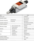 Beefy Parallel Roller Plunger Limit Switch DPDT 5A 250VAC IP65 Waterproof Momentary NO NC Dual-Circuit Signal Switch shown with specifications.