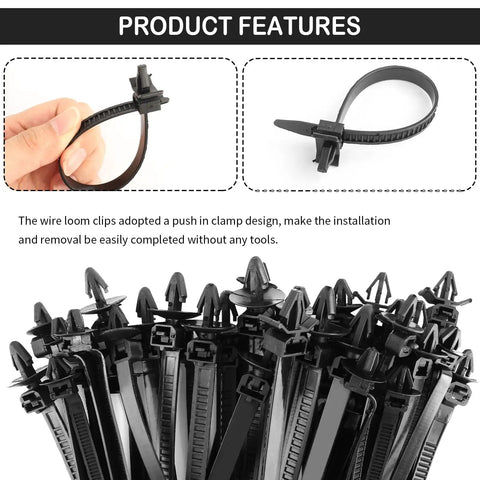 Close-up of 130Pcs Automotive Cable Ties And Wire Loom Kit with wire clips for cars, featuring push-in clamp design for easy organizing.