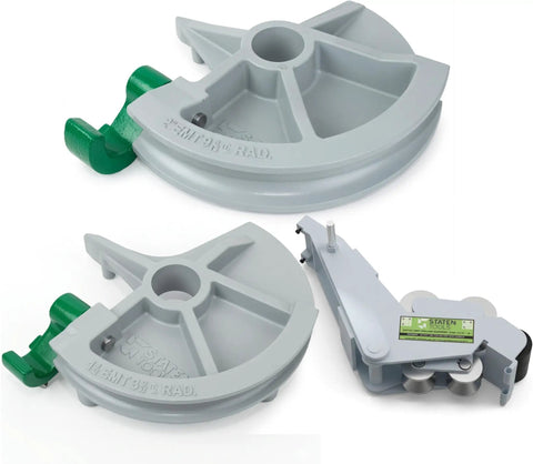 Greenlee And Current Emt Bender Shoe Plus Roller Set For 1.5 Inch And 2 Inch Conduit with gray steel bender shoe and roller.