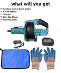 Superb Cordless Drain Auger And Tough Pipe Snake Bundled With A Fast 21V Lithium Battery And Charger with accessories laid out.