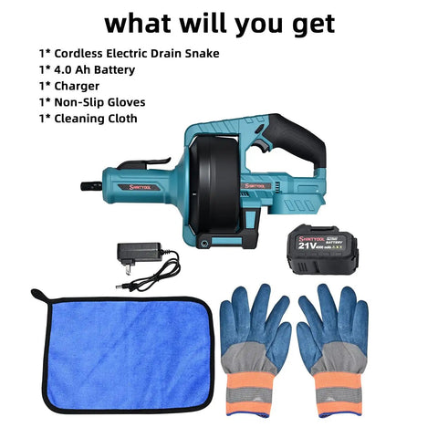 Superb Cordless Drain Auger And Tough Pipe Snake Bundled With A Fast 21V Lithium Battery And Charger with accessories laid out.