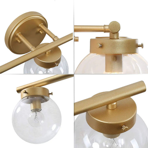 Gold Vanity Light Fixture For Bathroom With Clear Glass Shades Modern Rustic Over Mirror Sconce and brass detailing