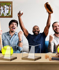 Clear Acrylic Softball Display Case With Wood Base For One Ball on table with cheering fans, dustproof, transparent storage