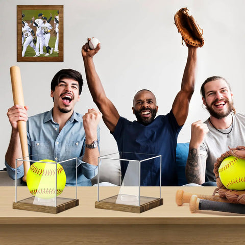 Clear Acrylic Softball Display Case With Wood Base For One Ball on table with cheering fans, dustproof, transparent storage