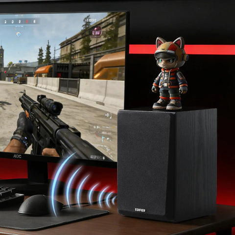 R990BT 2.0 Active Bluetooth Multimedia Speakers with MDF enclosure on desk near gaming setup showcasing sound waves