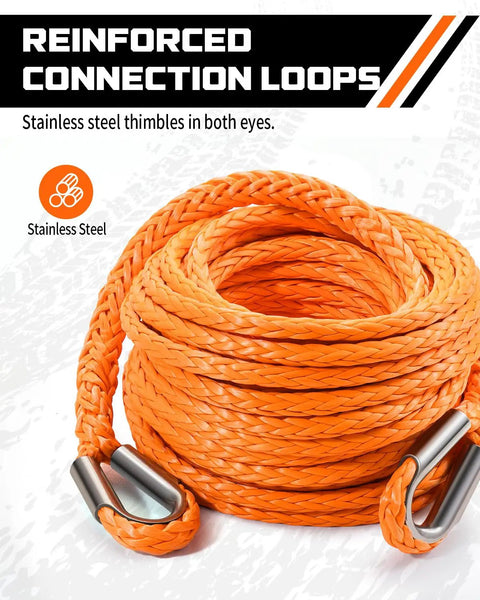 Heavy Duty Winch Rope Extension One Quarter Inch By Fifty Feet For Off Road Recovery 10,000 Lbs Capacity Bright Orange Color For Easy Visibility And Quick Anchor Reach Ideal For Jeep And ATV Recoveries, orange rope with stainless steel thimbles