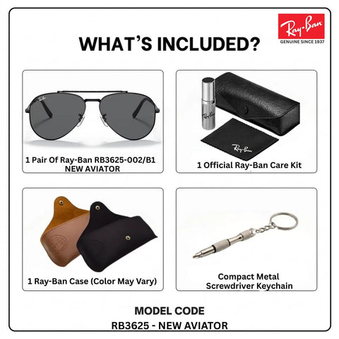 Pilot Shape Non Polarized Sunglasses For Men And Women With Dark Grey Lens, eyewear kit, Ray-Ban case, and screwdriver