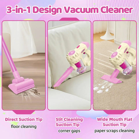 3 In 1 Kids Vacuum Toy With Gentle Realistic Suction For Toddlers, Role Play Housekeeping STEM Educational Toy, Pink Color Usage