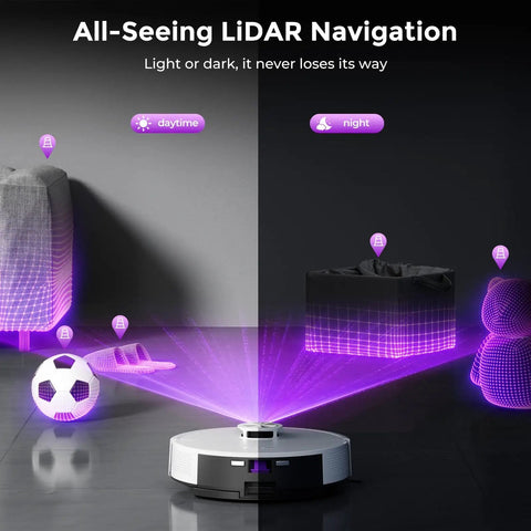 Robot Vacuum And Mop Combo With Bagless Self Emptying Station 18000Pa Suction LiDAR Mapping A Real Workhorse For Pet Hair, navigating around objects on floor with LiDAR.