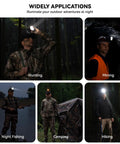 Five scenes showcasing the Long Range Coon Hunting Headlamp With 600 Lumens, Rechargeable, IPX5 Waterproof in various outdoor settings.