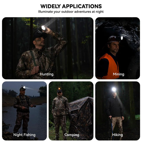 Five scenes showcasing the Long Range Coon Hunting Headlamp With 600 Lumens, Rechargeable, IPX5 Waterproof in various outdoor settings.