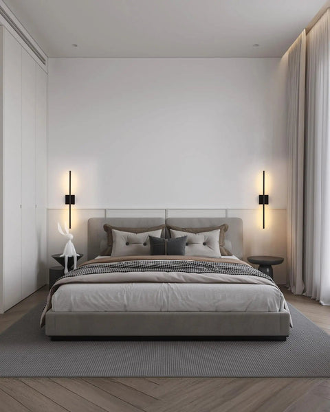 Slick Black Cordless Wall Sconces Set Of Two Wireless Led Accent Lamps With Smooth Stepless Dimming And Handy Remote illuminating a modern bedroom.