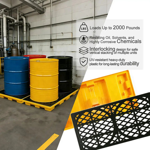 Heavy Duty Two Drum Spill Containment Pallet With Drain Outlet And Forklift Slots 48 By 24 By 4 Inch 2000 Lbs Capacity Stackable Tray