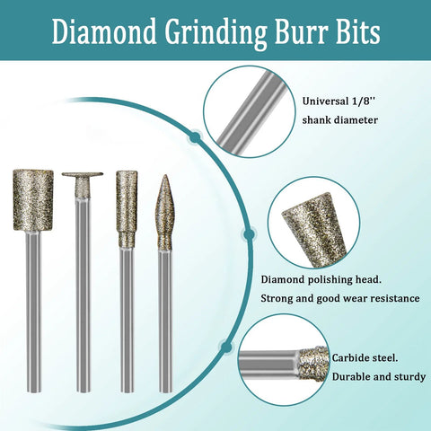 Stone carving diamond burr bit set, 50-piece kit with 1/8 inch shank for Dremel; includes cylindrical, conical, and pointed bits