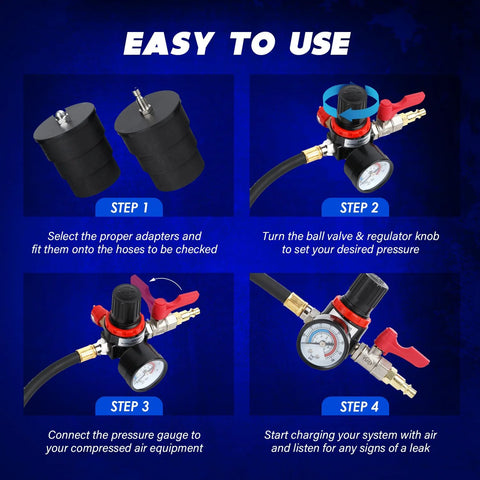 Front view infographic of turbo system leakage tester kit with four adapters, regulator, gauge, and hoses