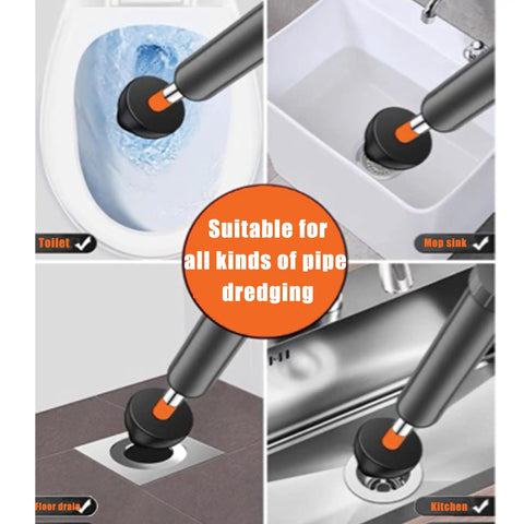 Heavy Duty High Pressure Toilet Plunger Kit With Curved Brush And Comfort Grip Gloves, All In One Drain Clog Buster For Bathroom Sink And Tub, Tough As Nails Game Changer in use on toilet, mop sink, floor drain, and kitchen sink.