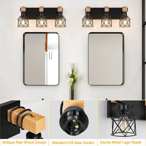3 Light Farmhouse Vanity Light For Bathroom Over Mirror Rustic Wood And Black Metal Cage Industrial Fixture installed view