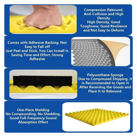 Professional Polyurethane Self Adhesive Soundproofing Foam Rolls Five Meter Long showing installation instructions and foam texture.