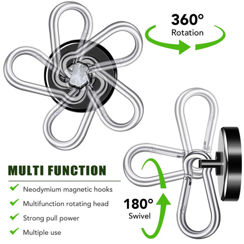 110Lbs Neodymium Magnetic Hooks Set With Swivel Carabiner Hangers showing 360-degree rotation, black magnets, multifunction use.