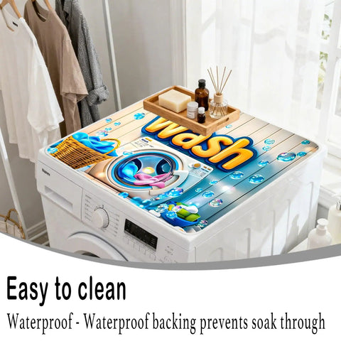 Dope Cartoon Bubbles Top Cover For Washing Machine And Dryer 23.6 X 19.6 Inches on top of a washer in laundry room.