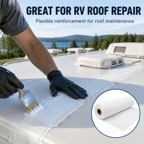 Person applying Heavy Duty Polyester Roof Reinforcement Fabric 40X162 Ft White Elastomeric Coating Sealer on RV roof.