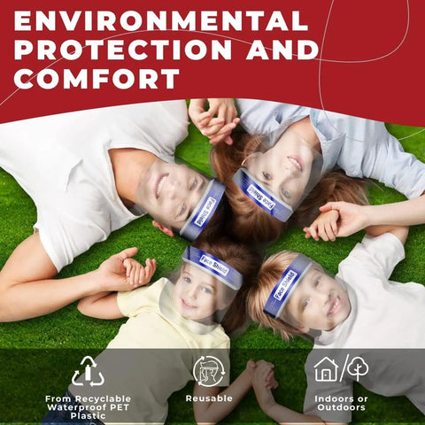 Group of all ages wearing Clear Face Shield Pack Of 10 For All Ages Anti Fog Lightweight Reusable Safety Visor on grass