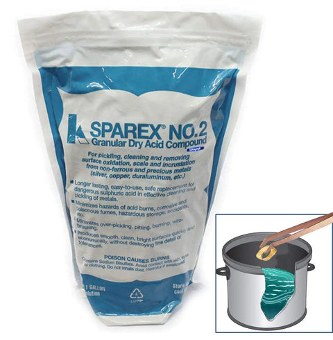 Easy To Use Pickling Compound For Solder Flux Removal Safer Longer Lasting Metal Cleanser That Replaces Hazardous Acid Great For Stainless Steel Brass Copper Jewelry And Electronics Solder Work 2.5 Lb Bag shown in blue and white packaging with illustration of use in pot.