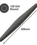 305mm black scythe stone sharpener, symmetrical round tapered edge, labeled 120 grit round