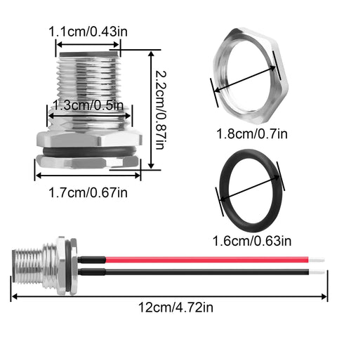 Dimensions of 2 Pack Rugged M12 2 Pin Male Connector Cable A-Coded IP67 Waterproof Aviation Connector with Bare Wire 12 Cm