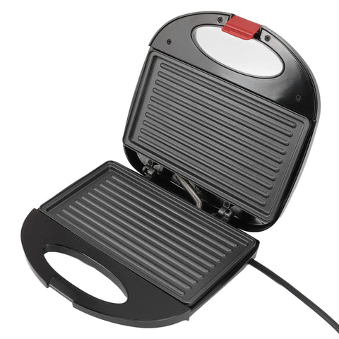 Compact 750W Electric Panini Press Grill And Double Sided Sandwich Maker with open nonstick grill plates for easy cooking.