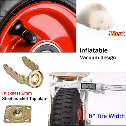 Close-up of 2 Pack Heavy Duty Rubber Trolley Castors With Smooth Rollin Pneumatic Air Caster Wheels showing rubber tire, 6mm steel bracket.