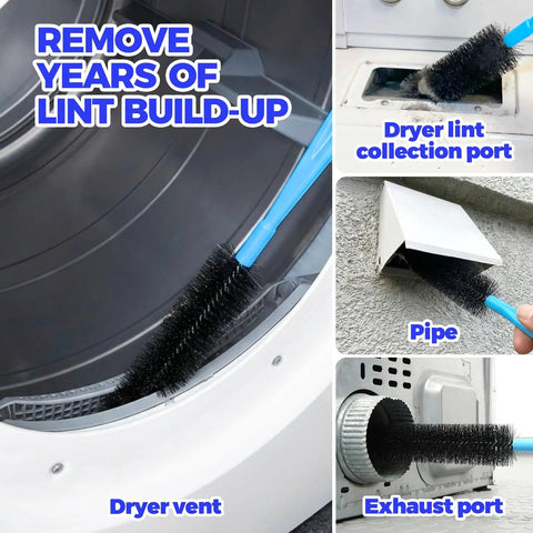 Dryer Vent Cleaner Kit 5 Piece Flexible Snake Brush Set cleaning lint from dryer, exhaust port, and pipe with flexible brush tool.