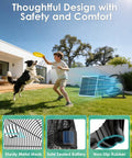 Child and dog playing near 20 Inch Large Solar Powered Floor Fan Portable Battery Operated Cordless Wireless Camping Fan Outdoor Waterproof High Airflow 50W Rechargeable Solar Battery Bank