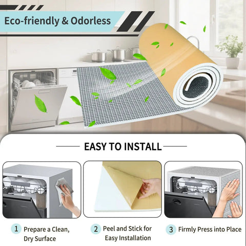 Dishwasher Noise Knockout Insulation Pad 13 X 79 Inch Self Stick Pef Foam Sheet shown in kitchen for easy installation.