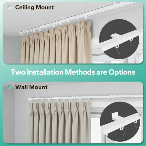 Retractable Ceiling Curtain Track Kit 11 To 12 Foot Aluminum White Rod System With Adjustable Length Includes Track Connectors Rollers stainless hooks shown ceiling and wall mount options