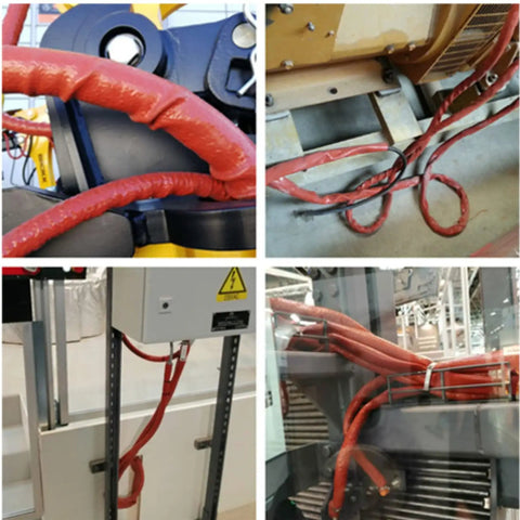 Heavy Duty Pro Grade Fire Sleeve Heat Shield Thermo Armor For Automotive Hose Lines And Electrical Wiring Silicone Coated Fiberglass Black 5 Feet Long Durable Insulation That Protects Wires And Hoses From Heat Stress seen in use on machinery.