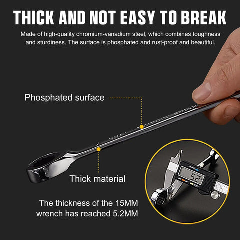 Ratcheting Wrench Set 22-Piece With Roll Up Pouch, SAE And Metric Combination Wrenches, 15mm wrench close-up showing thickness measurement