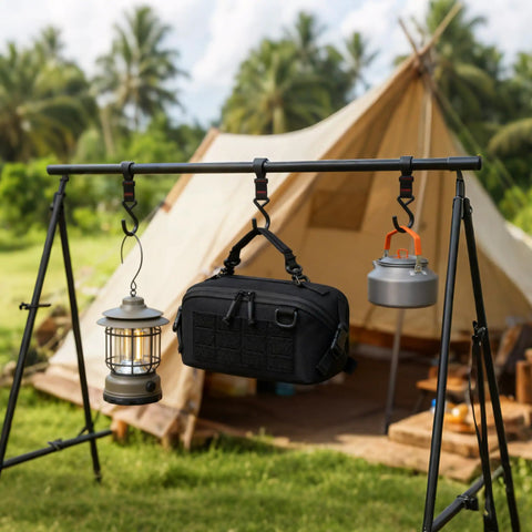 Wide Opening Tactical Pouch For Men With Full Access Design Travel Toiletry Organizer hanging on a camp stand