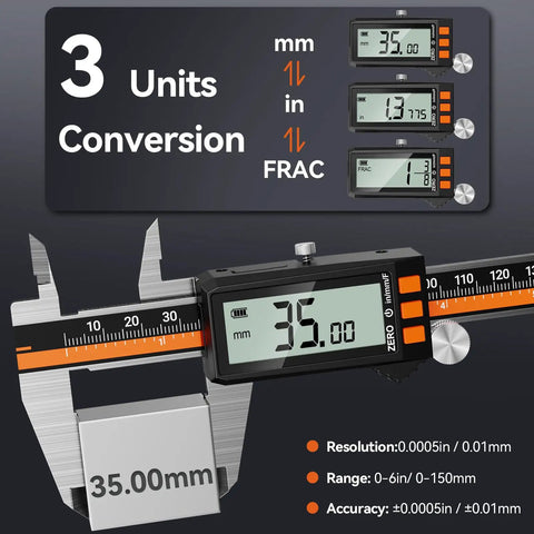 Rechargeable Digital Caliper 6 Inch 150 mm Stainless Steel With IP54 Protection displaying measurements on LCD