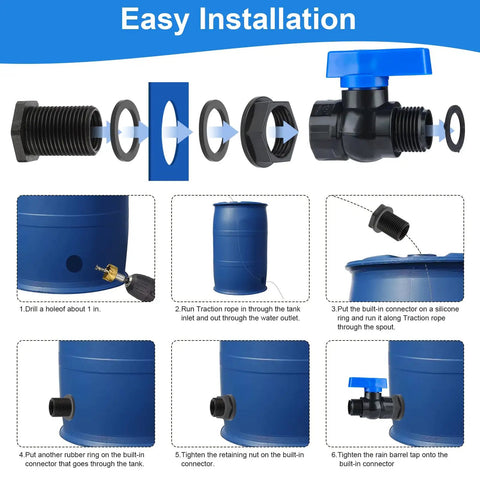 Rain Barrel Spigot Kit With Three Quarter Inch GHT Threads, Bulkhead Fittings, Garden Hose Faucet Ball Valve, Water Diverter For Rain Barrels, Tanks And Aquariums, No Fuss Install, Includes Adapters, Tape, And Rope, 2 Pack; easy install diagram