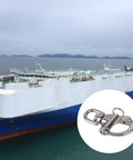 Heavy Duty 304 Stainless Steel Snap Shackle With Small Swivel Bail For Marine And Boat Rigs on a ship deck.