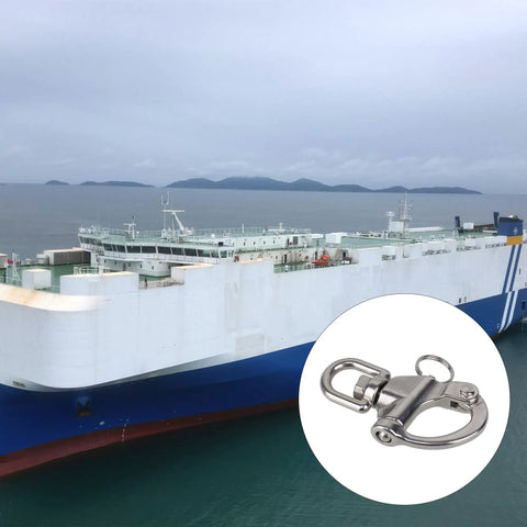 Heavy Duty 304 Stainless Steel Snap Shackle With Small Swivel Bail For Marine And Boat Rigs on a ship deck.