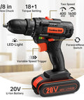 High Performance 20V Cordless Drill and Screwdriving Set with 2 Amp Hour Battery 42 Piece Kit Includes Extension Rod and Flexible Shaft Keyless Chuck features LED light and variable speed trigger.