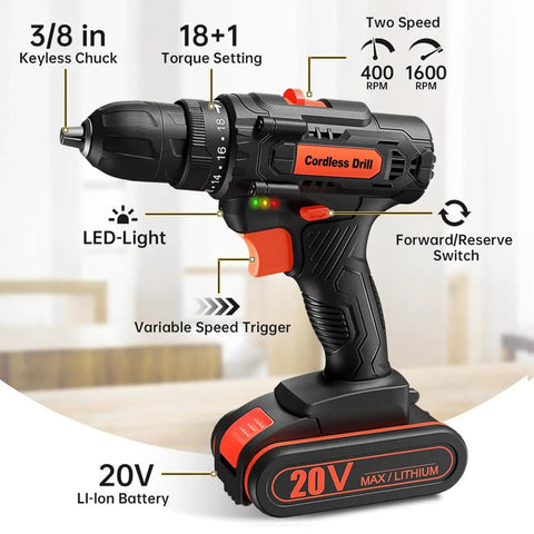 High Performance 20V Cordless Drill and Screwdriving Set with 2 Amp Hour Battery 42 Piece Kit Includes Extension Rod and Flexible Shaft Keyless Chuck features LED light and variable speed trigger.