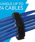Close-up of Cable Comb Organizer Kit with Velcro strap bundling blue cables, labeled 'Bundle Up to 24 Cables'