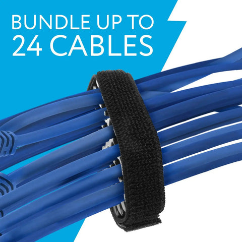 Close-up of Cable Comb Organizer Kit with Velcro strap bundling blue cables, labeled 'Bundle Up to 24 Cables'