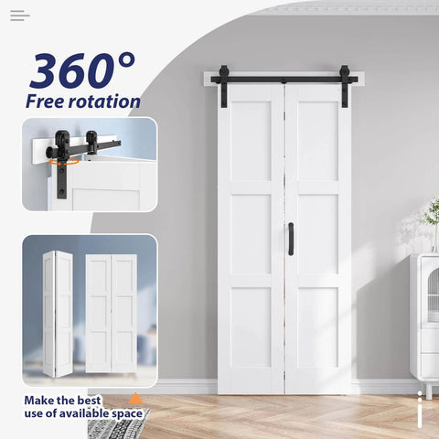 36x84 White Bifold Barn Door With Hardware, Waterproof PVC Surface, shown installed in a room with classic farmhouse décor.