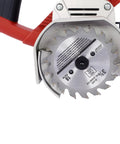 Heavy Duty Corded Toe Kick Circular Saw Delivers Knockout Flush Cuts And Quick Dial In Precision Depth Adjustments For Slick Cabinet Install And Floor Trim Work close-up of a circular saw's blade against a white background.